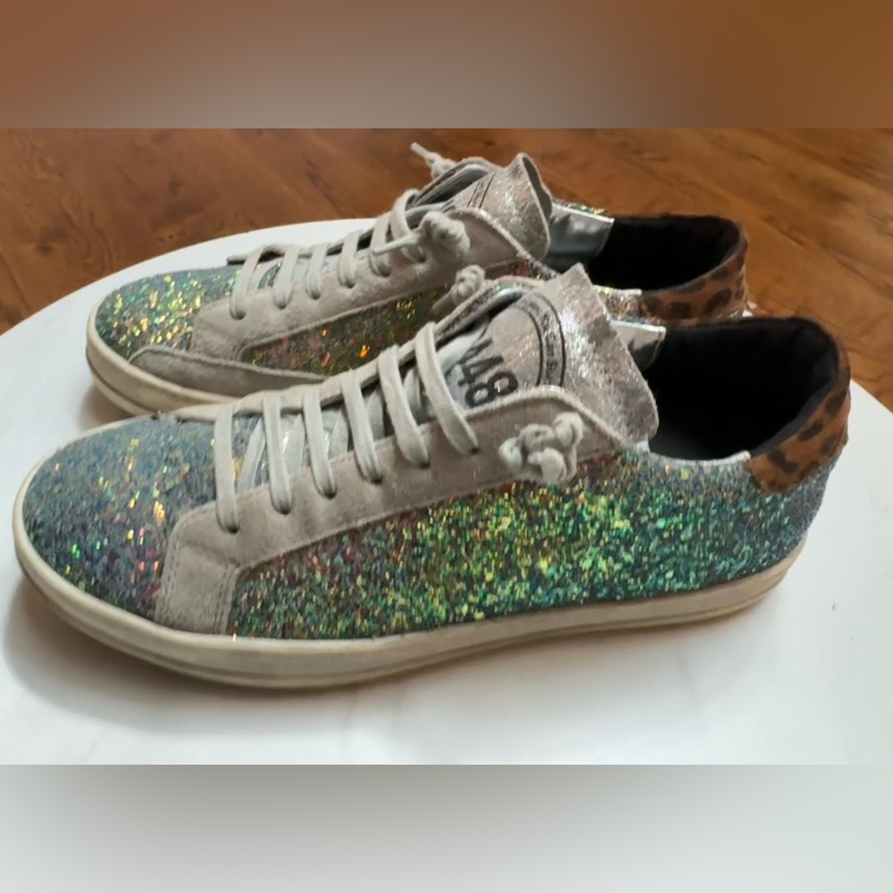 P448 Glitter Sneakers grey suede and cognac leopard print suede heel tab.Size 39